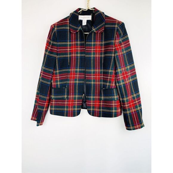 Jones New York Women's Blazer Jacket Full Zip Plaid Worsted Wool Red Black 8 - Picture 1 of 5